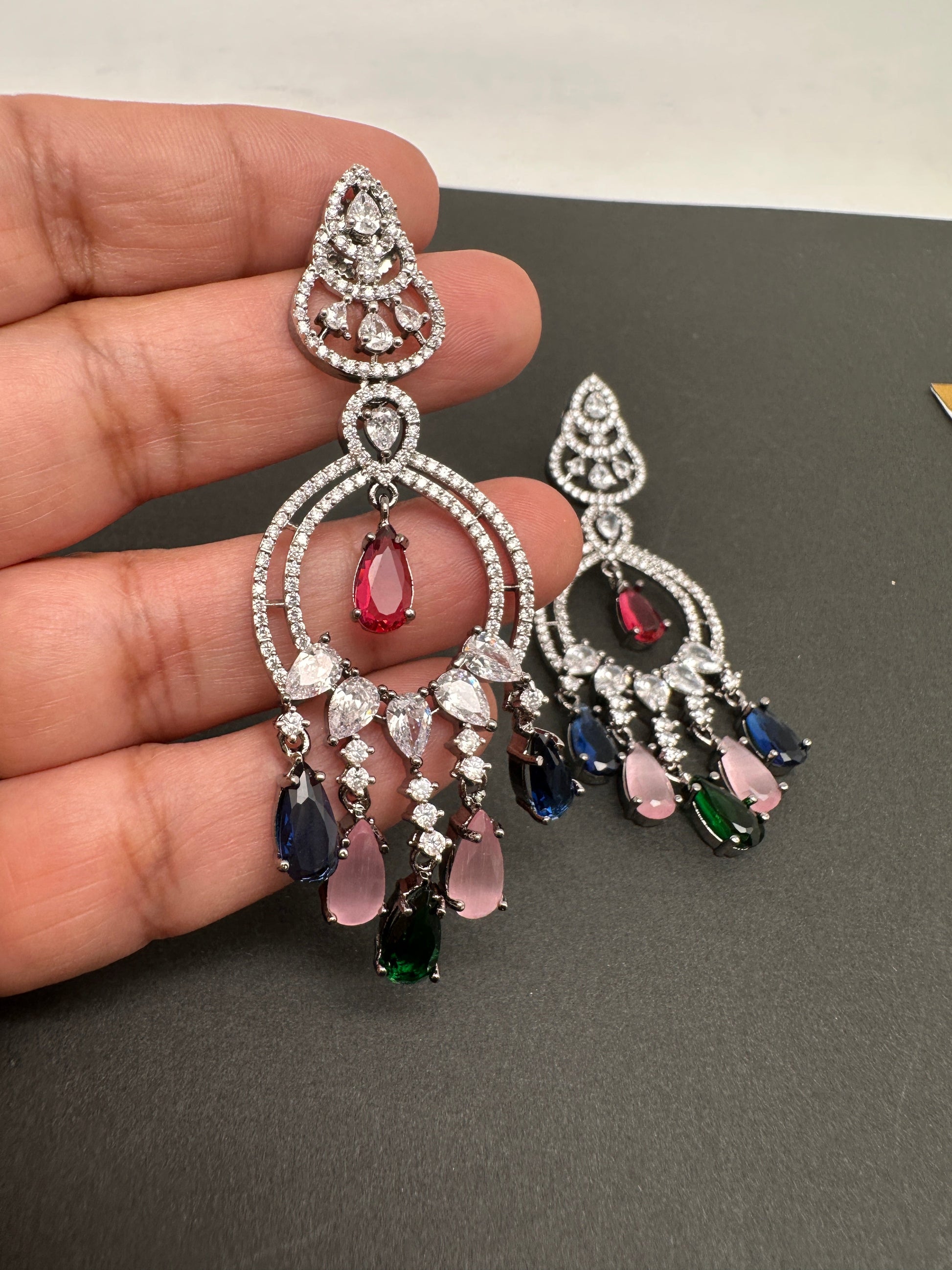 AD Color Stone Chandbali Earrings - Pink