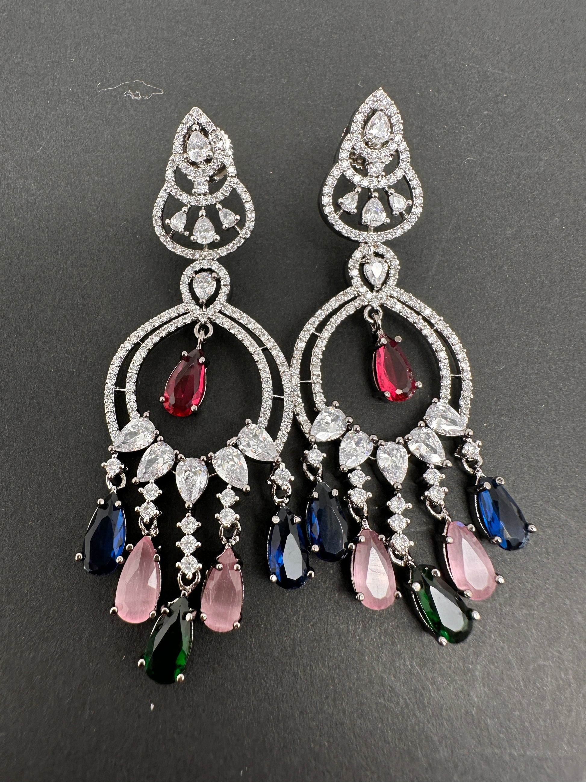 AD Color Stone Chandbali Earrings - Pink