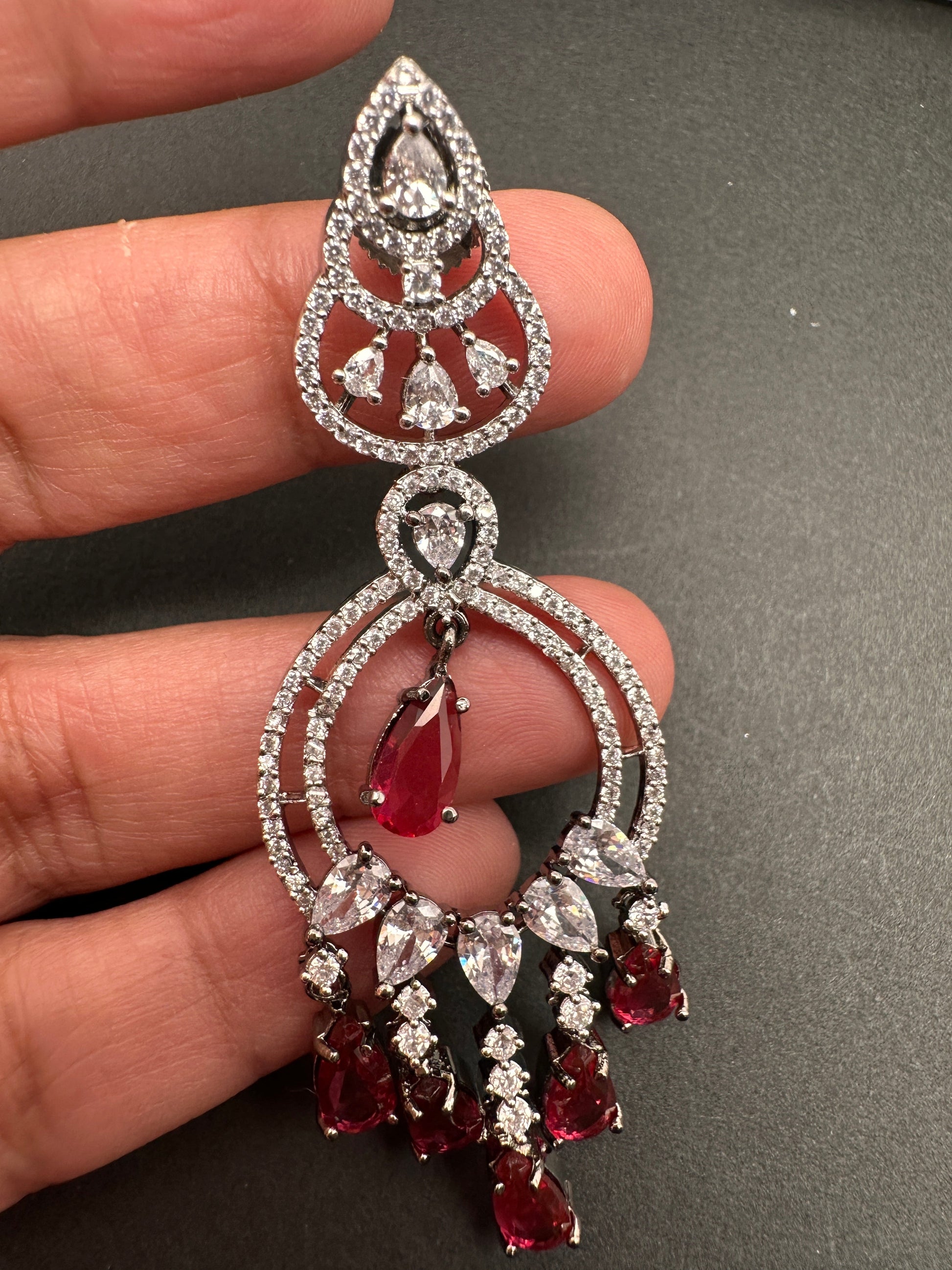 AD Color Stone Chandbali Earrings - Red