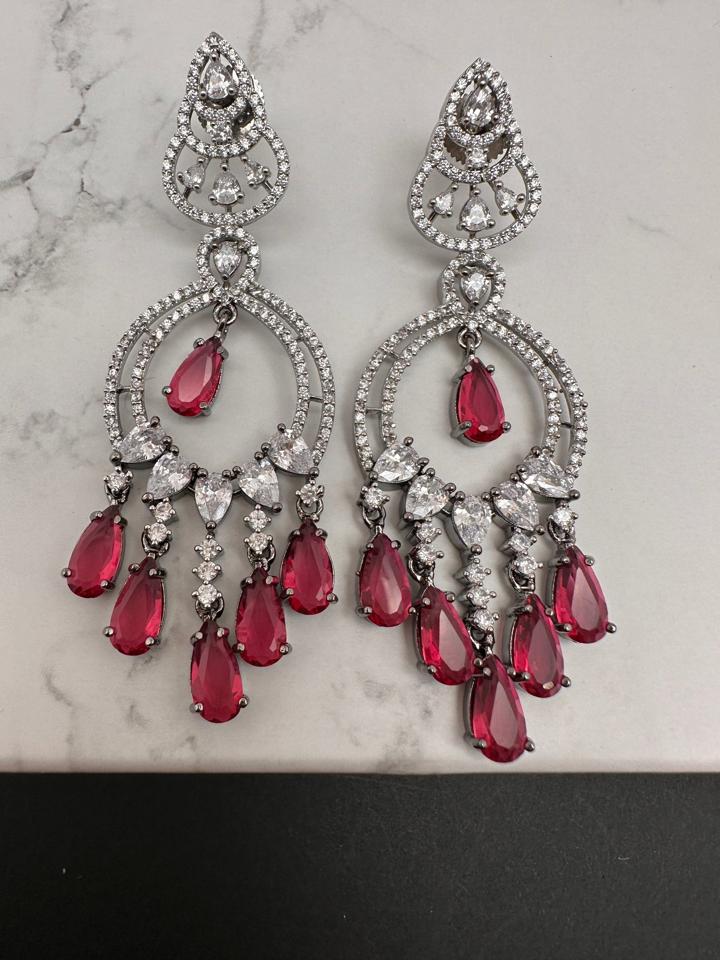 AD Color Stone Chandbali Earrings - Red