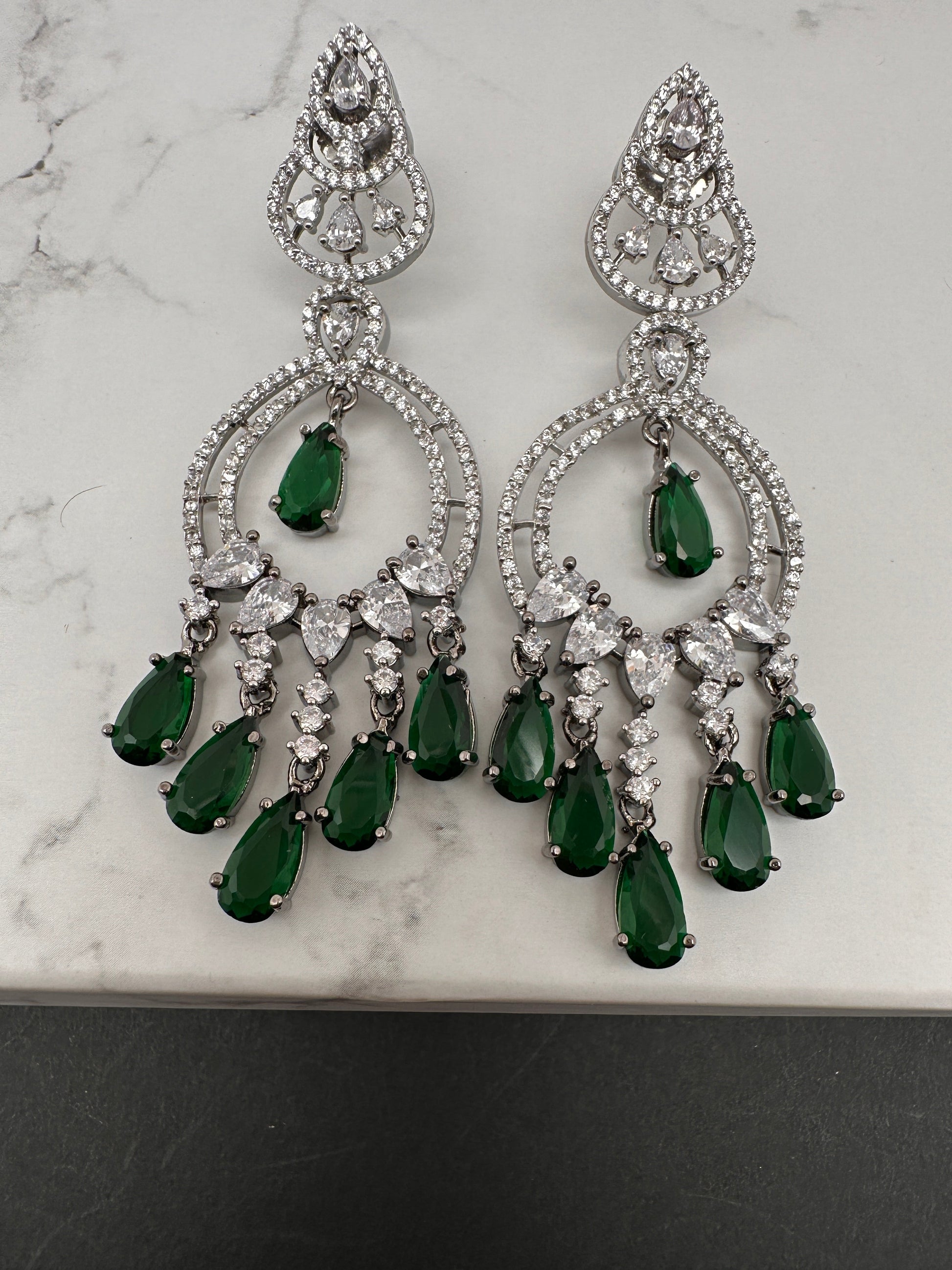 AD Color Stone Chandbali Earrings - Green