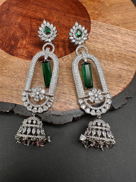 AD Color Stone Oval Cascade Jhumki Earrings - Green