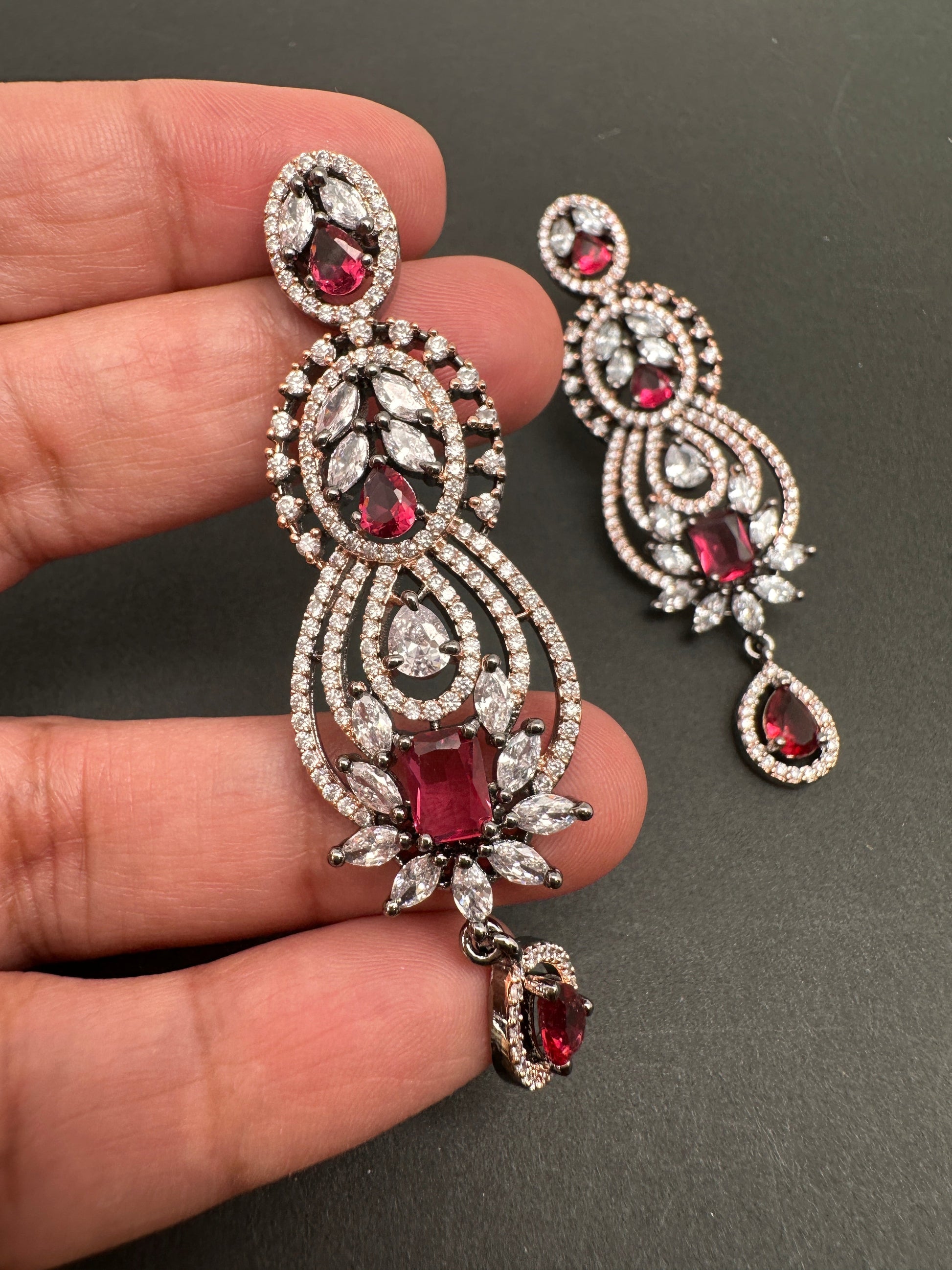 AD Color Stone Floral Design Victorian Finish Earrings - Red