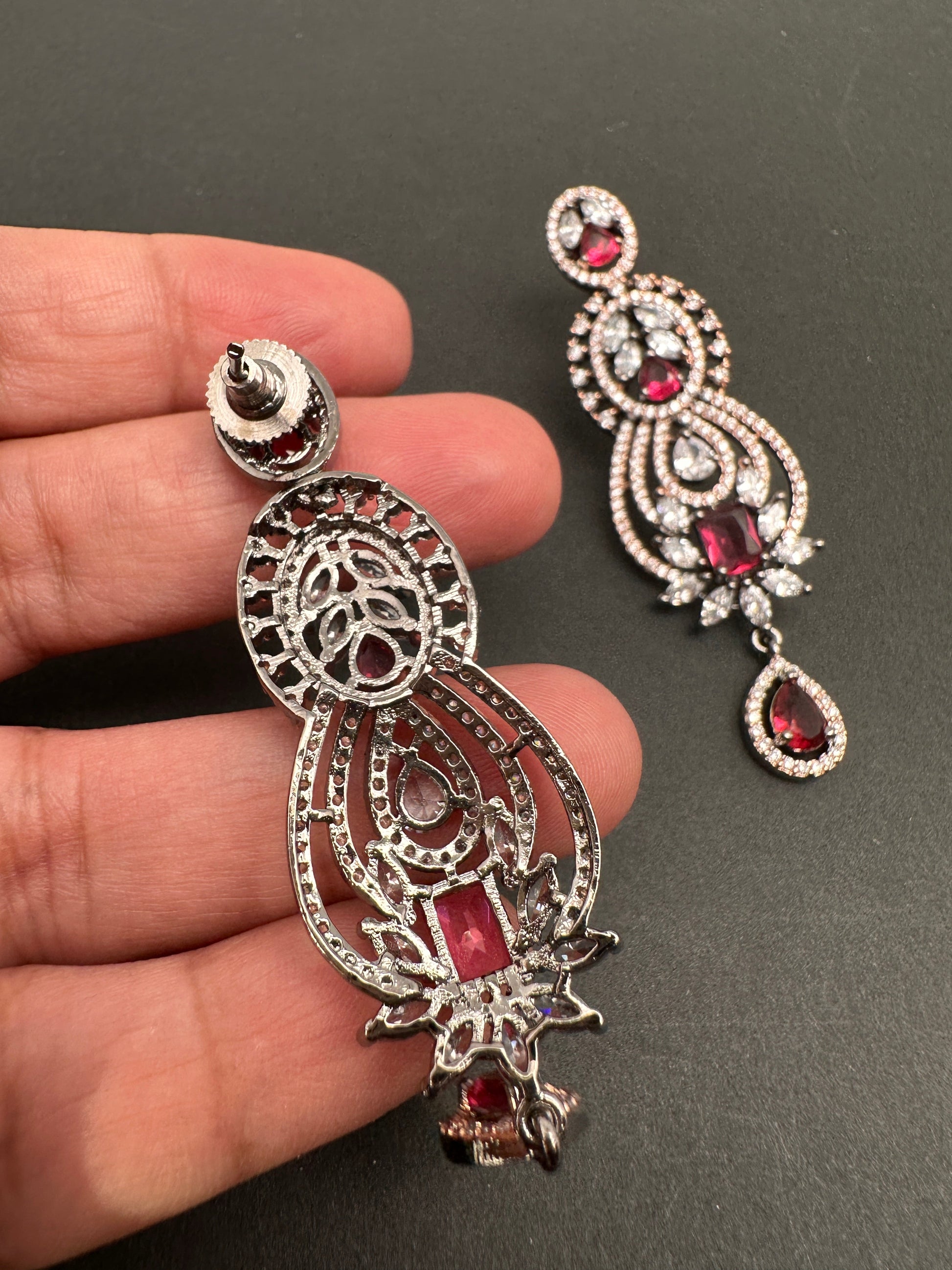 AD Color Stone Floral Design Victorian Finish Earrings - Red