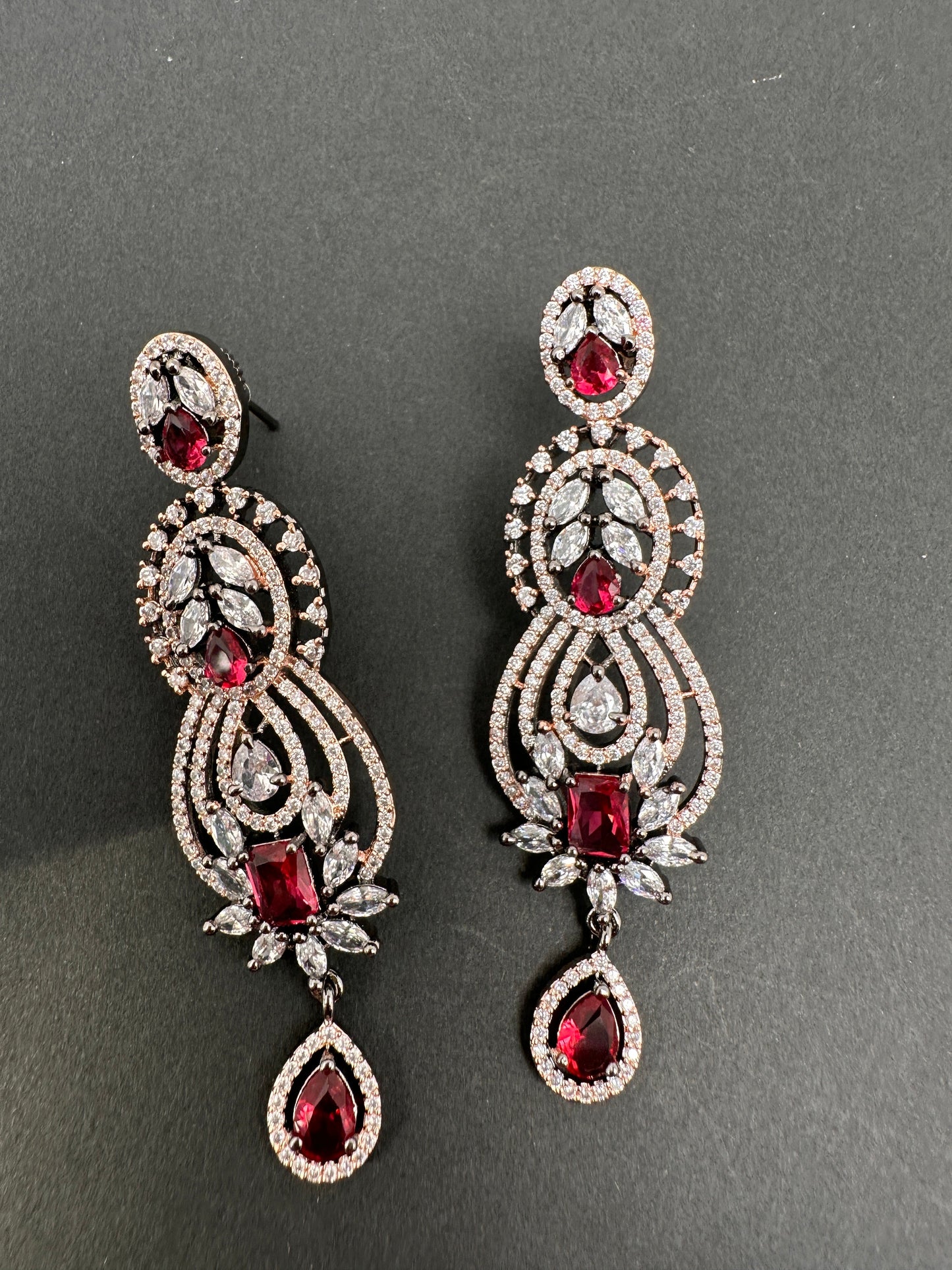 AD Color Stone Floral Design Victorian Finish Earrings - Red