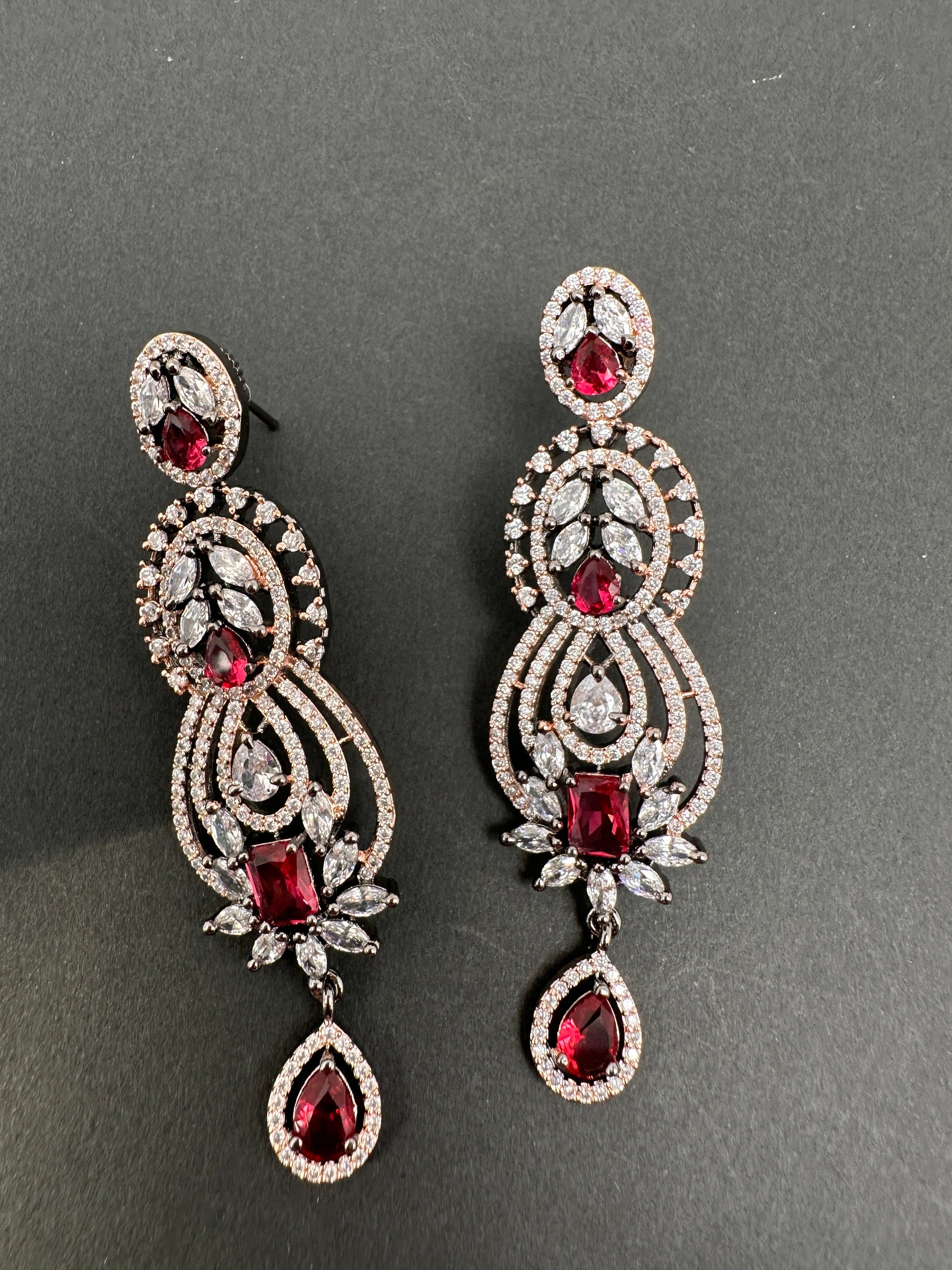 AD Color Stone Floral Design Victorian Finish Earrings - Red