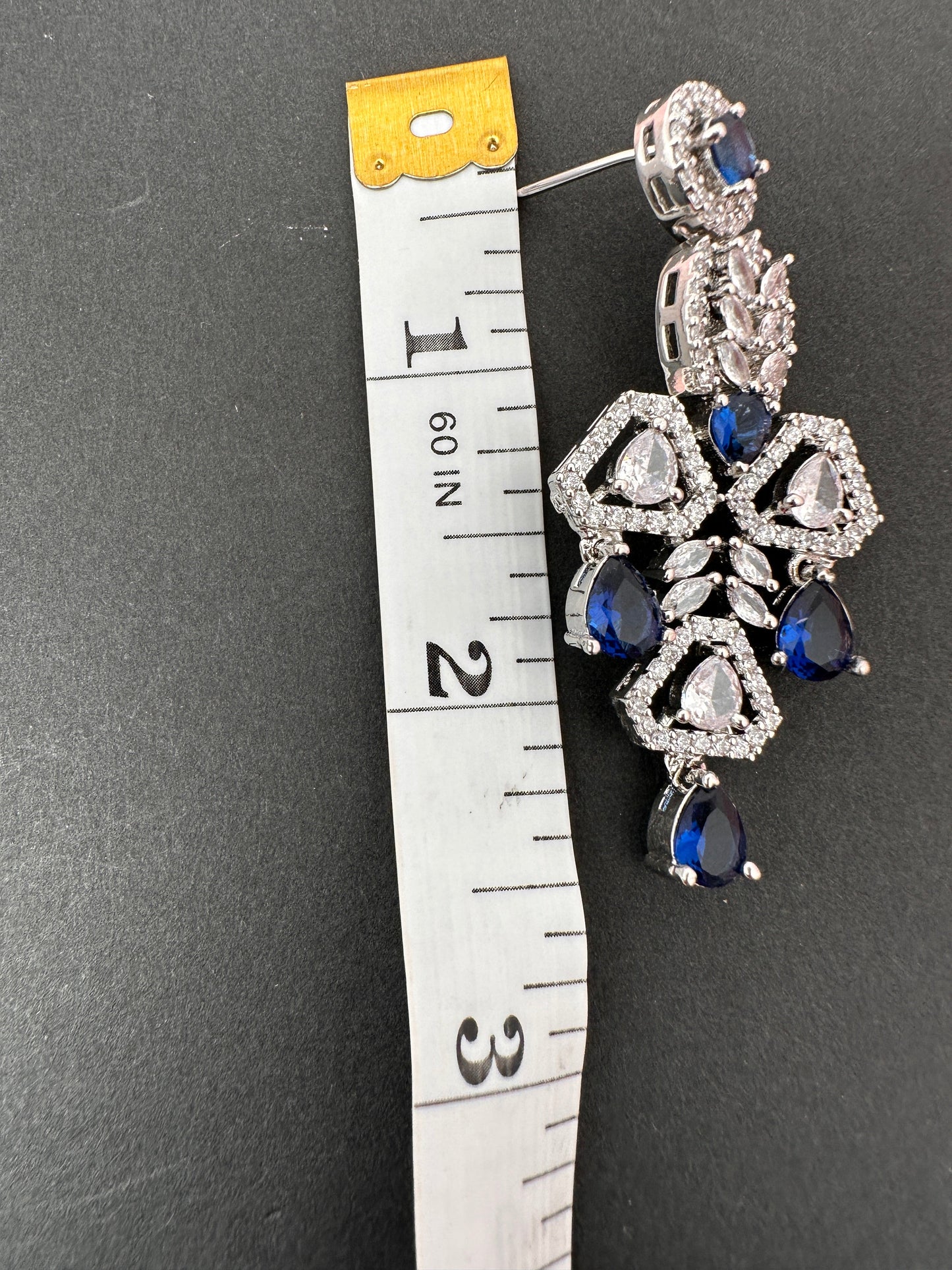 AD Color Stone Floral Design Silver Finish Earrings - Blue