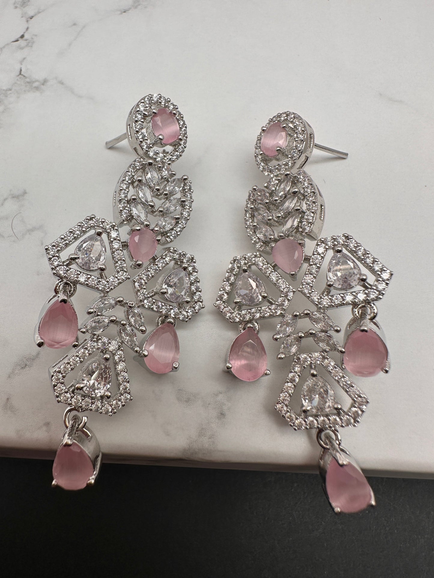 AD Color Stone Floral Design Silver Finish Earrings - Pink