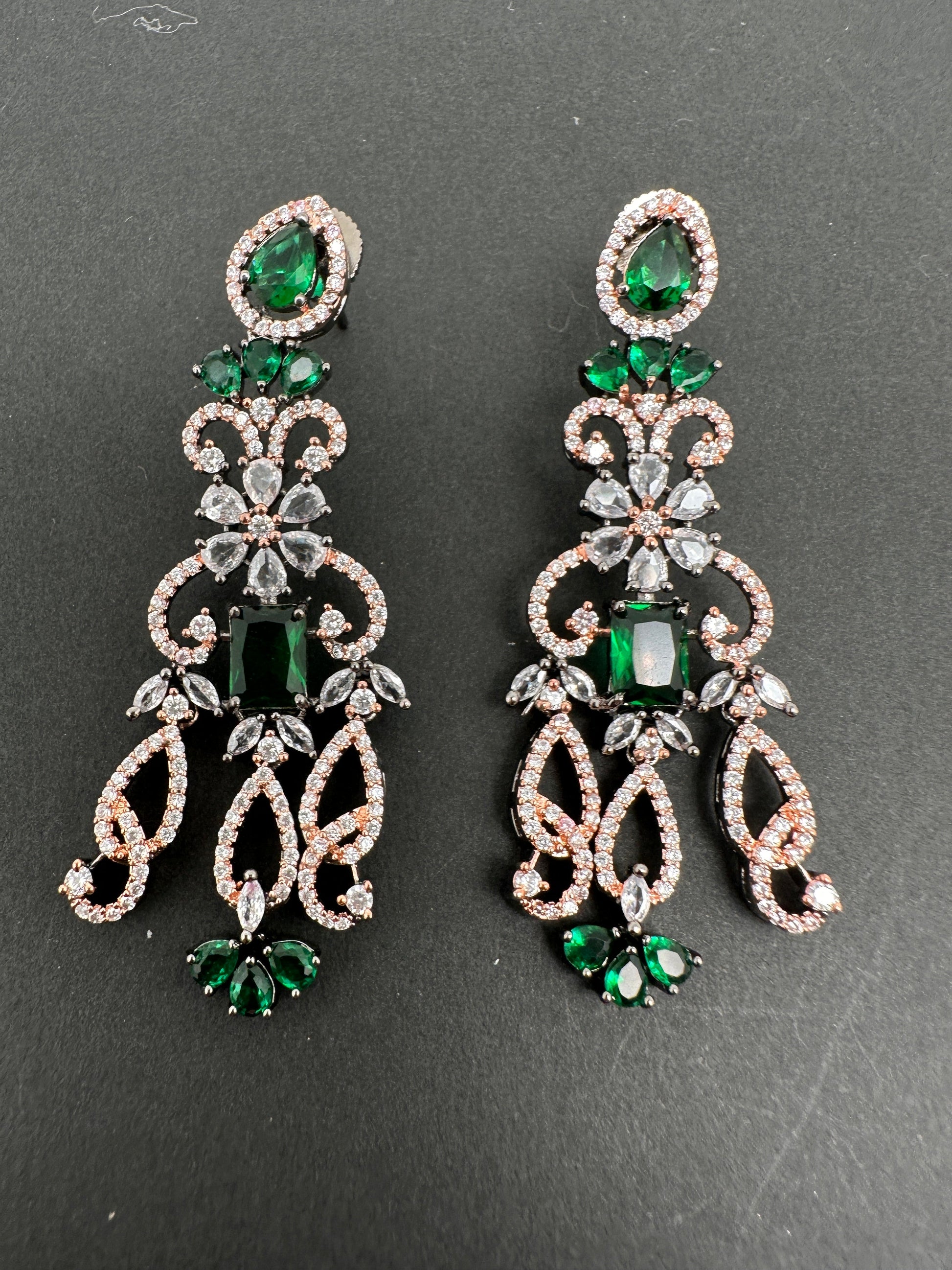 AD Color Stone Floral Design Victorian Finish Earrings - Green