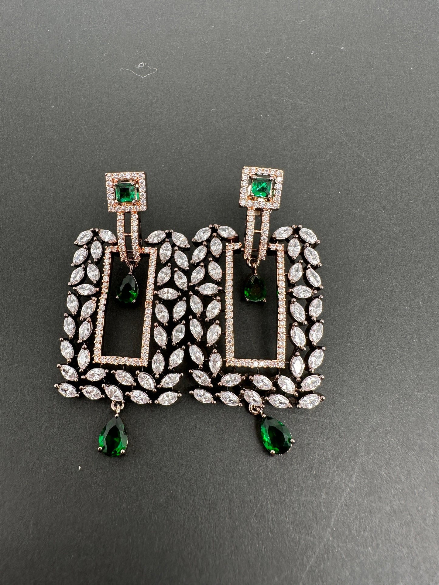 AD Color Stone Rectangular Dual Tone Finish Earrings - Green