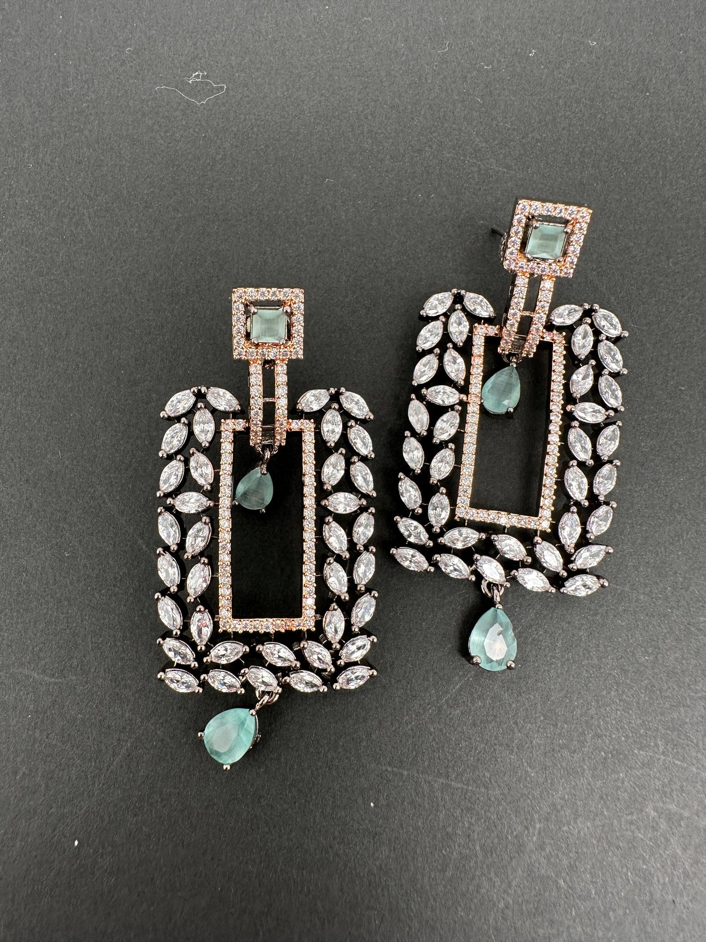 AD Color Stone Rectangular Dual Tone Finish Earrings - LightGreen