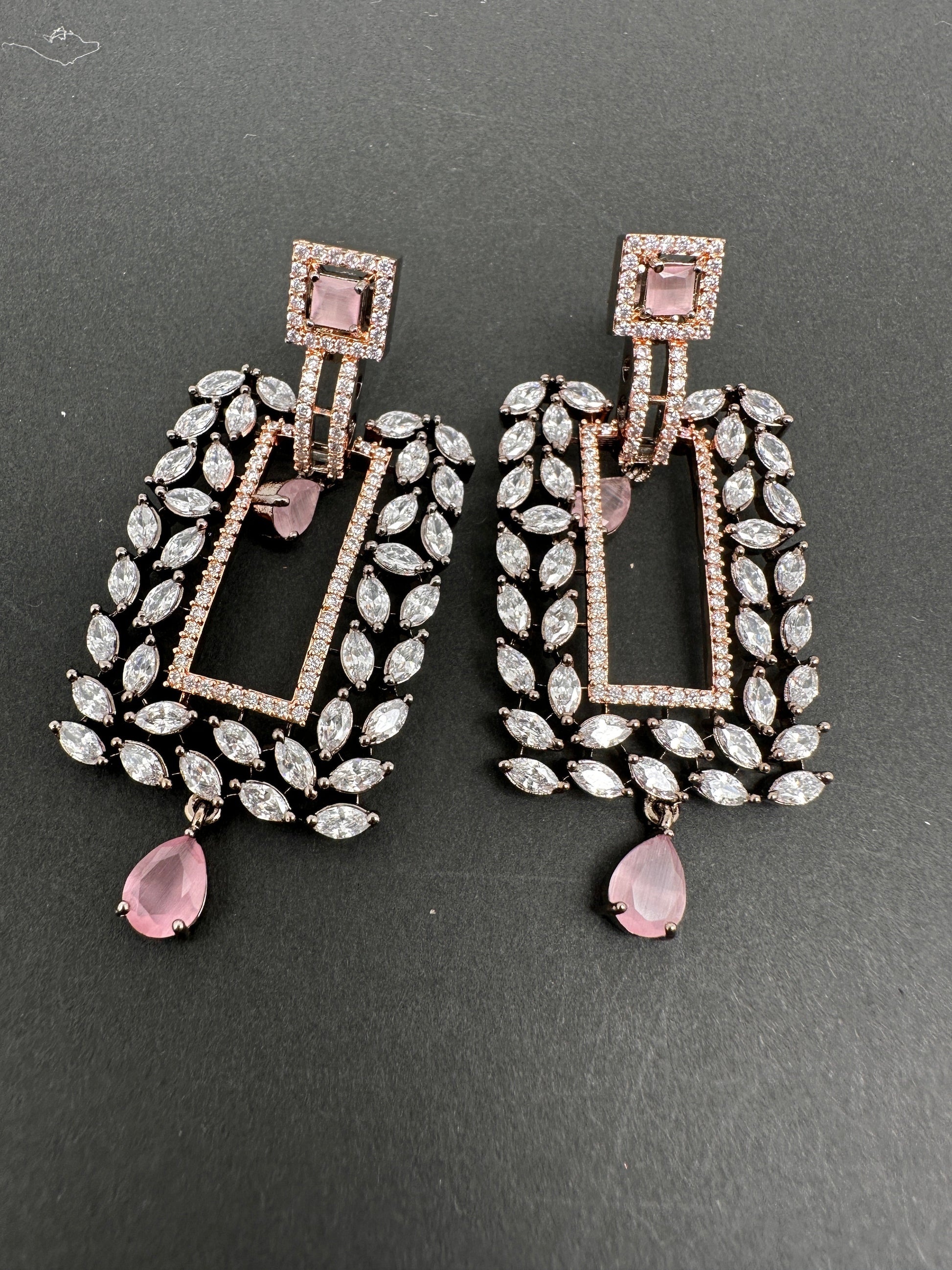 AD Color Stone Rectangular Dual Tone Finish Earrings - Pink