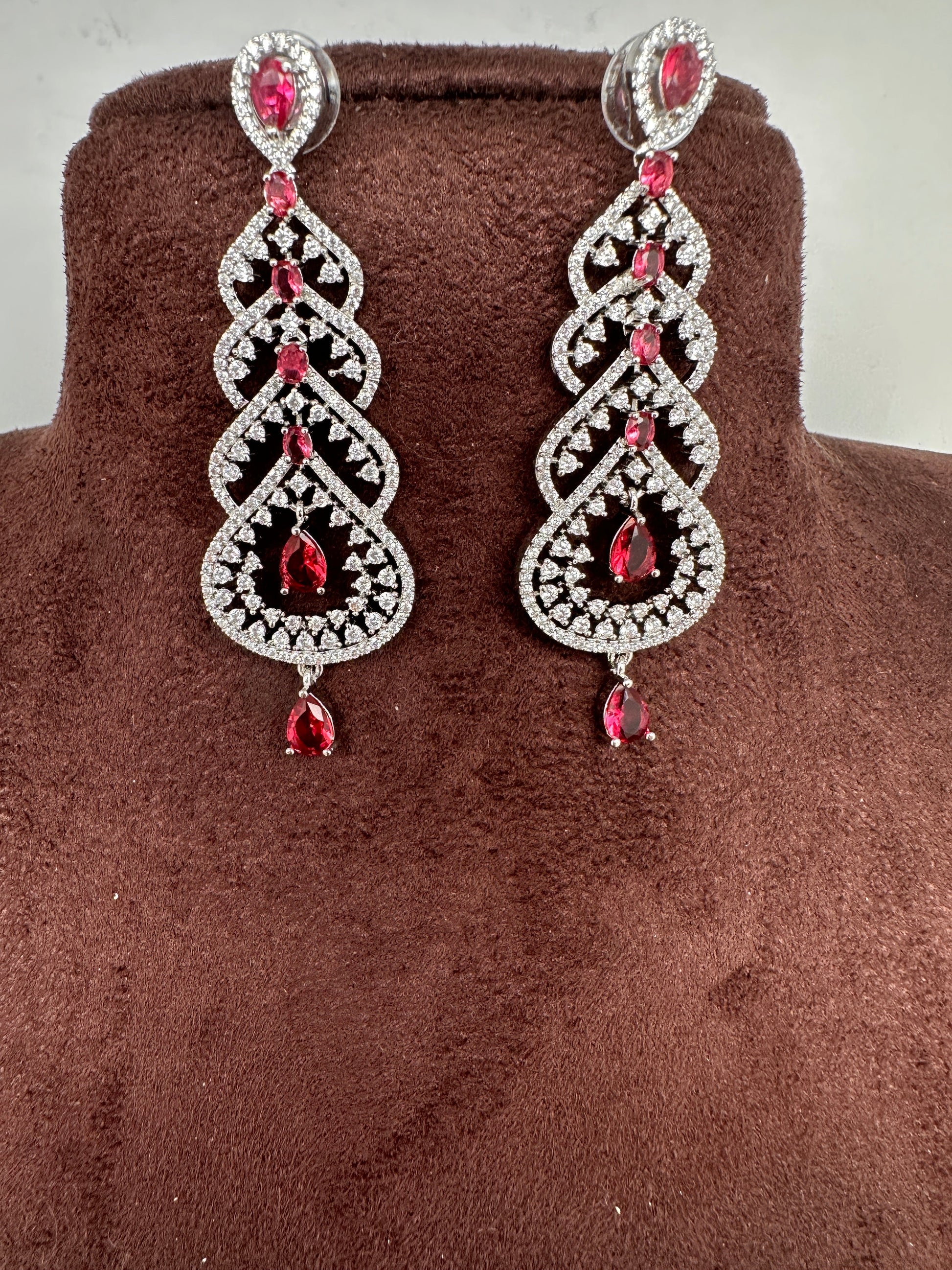 AD Color Stone Floral Cascade Silver Finish Earrings - Red