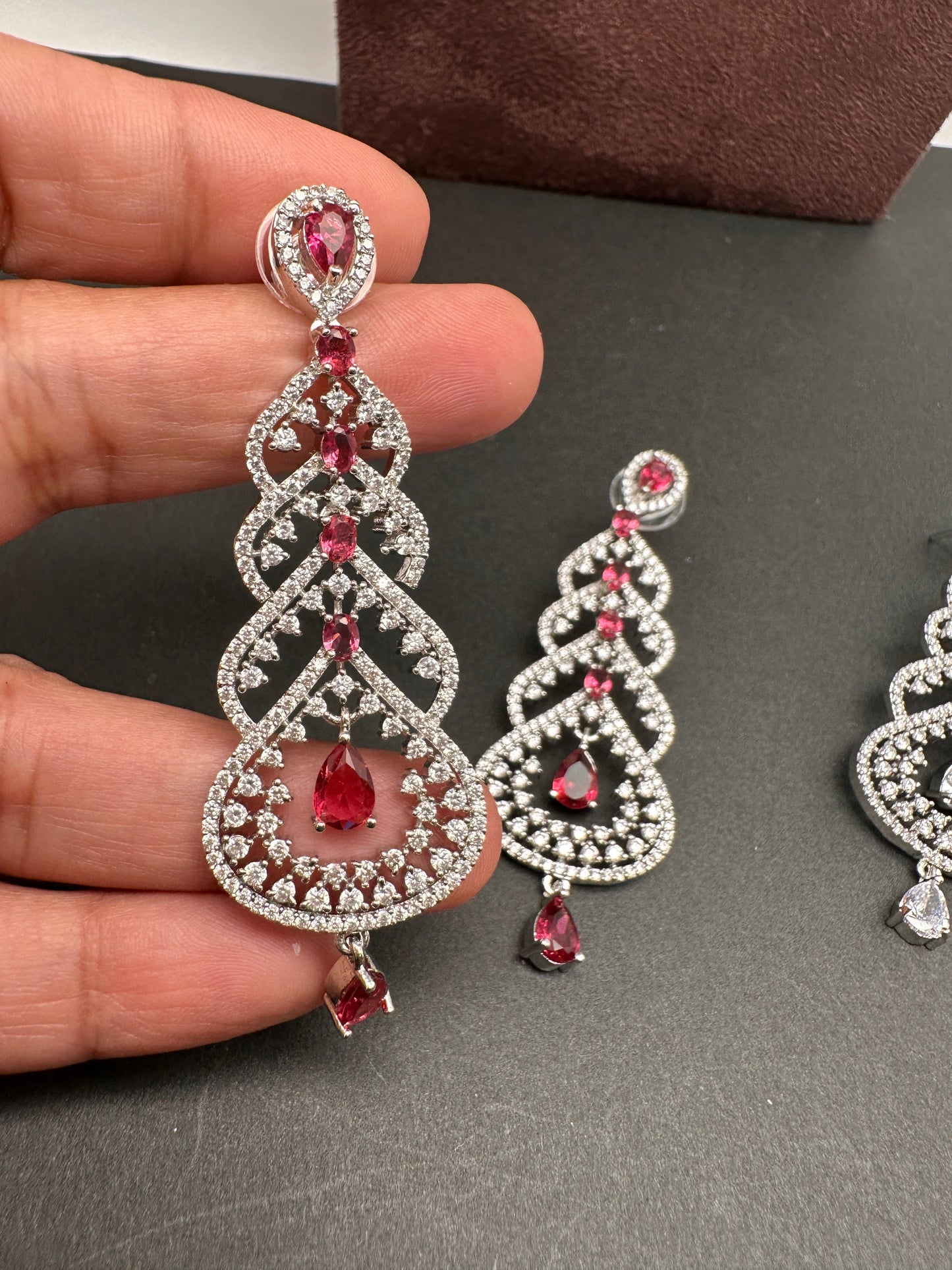 AD Color Stone Floral Cascade Silver Finish Earrings - Red