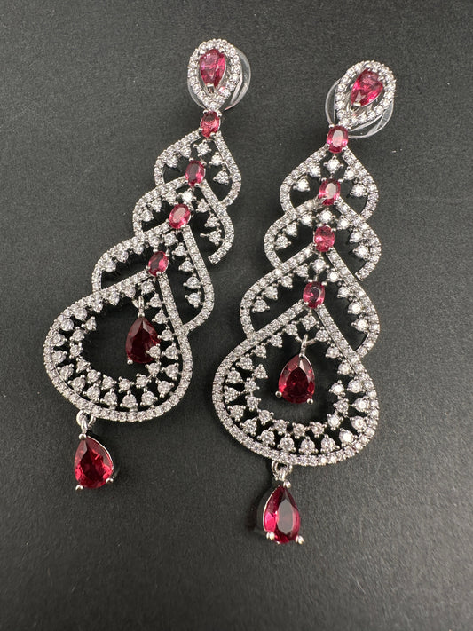 AD Color Stone Floral Cascade Silver Finish Earrings - Red