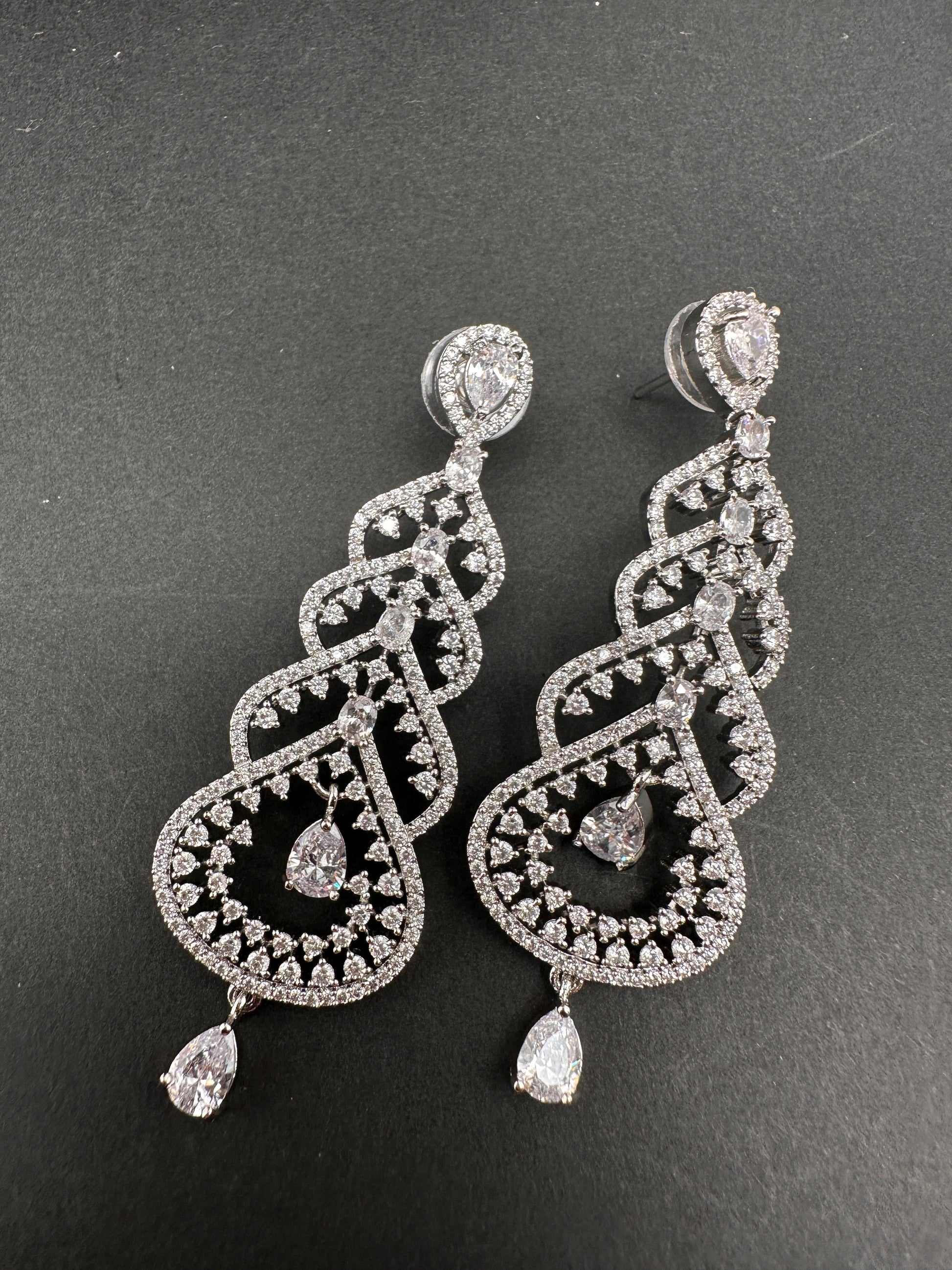 AD Color Stone Floral Cascade Silver Finish Earrings - White