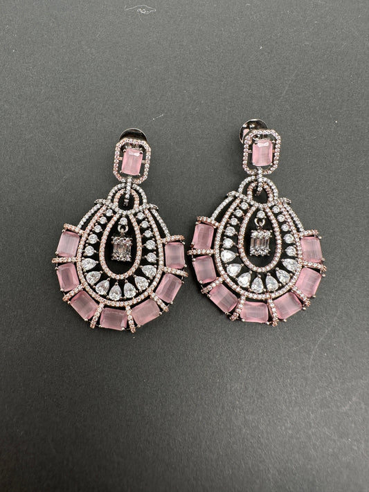 AD Color Stone Floral Victorian Finish Earrings - Pink