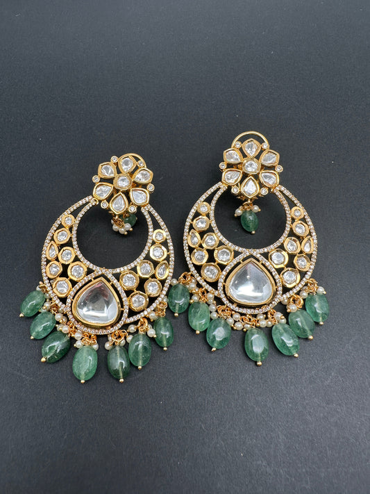 AD Kundan Chandbali Green Beads Earrings