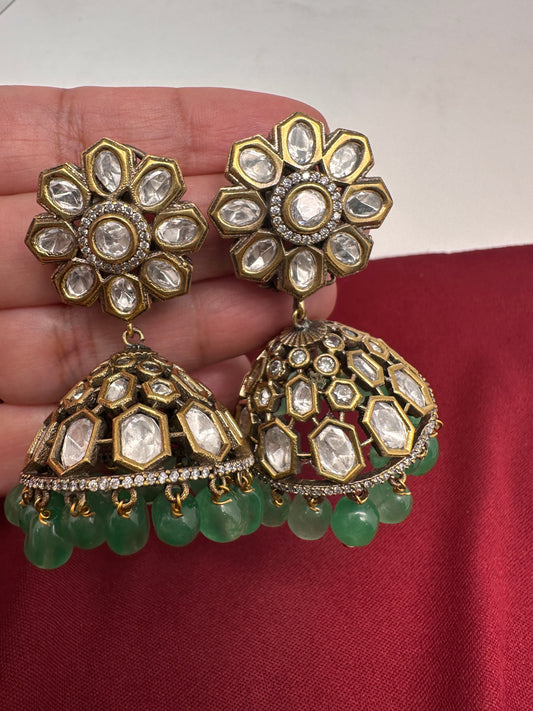 Kundan Clear Stone Victorian Finish Jhumki - Green