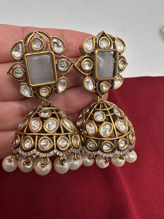 Kundan Color Stone Victorian Finish Jhumki - Grey