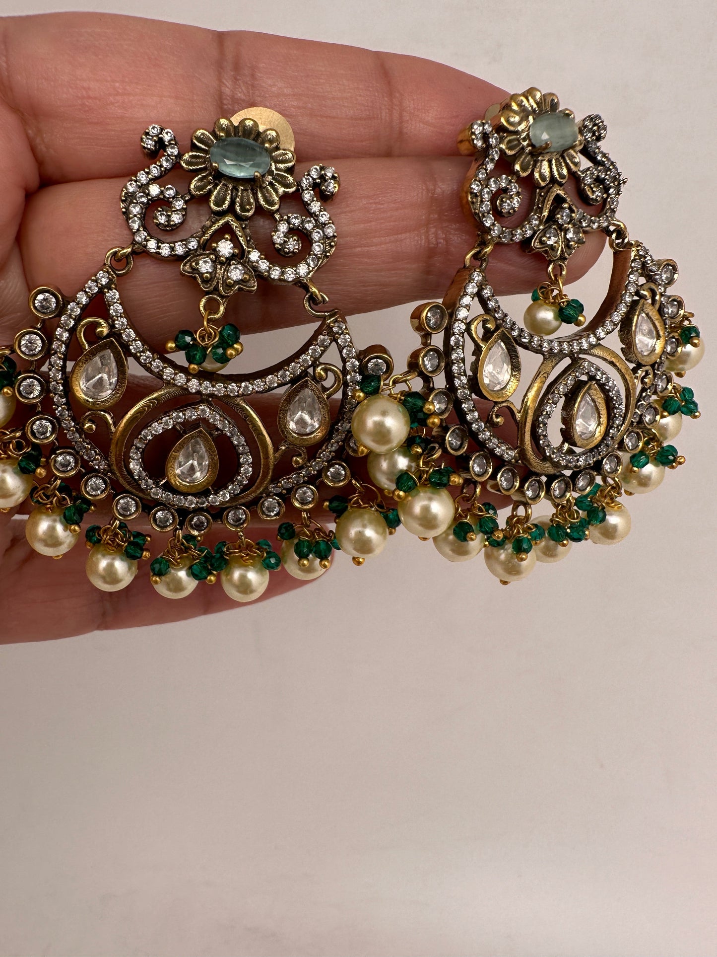 Kundan Chandbali Victorian Finish Earings - Green