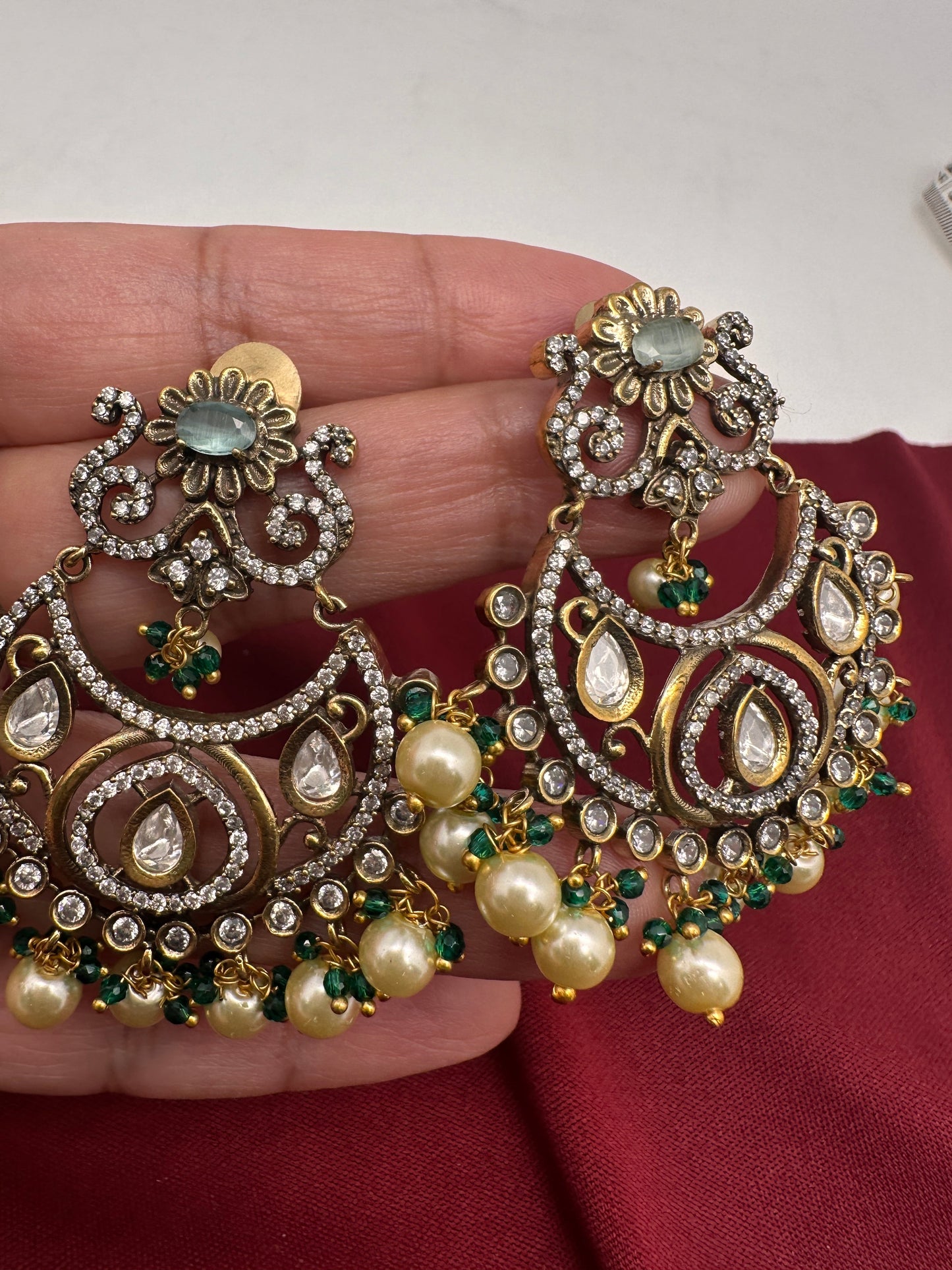 Kundan Chandbali Victorian Finish Earings - Green