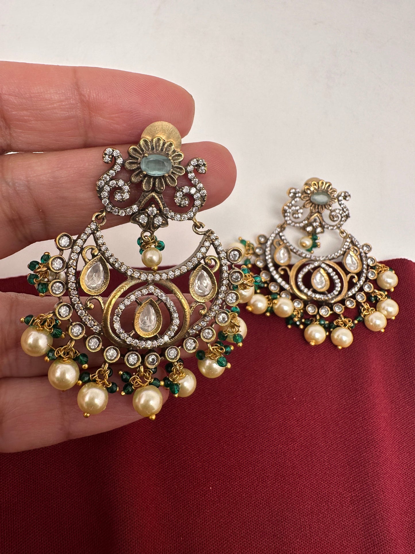 Kundan Chandbali Victorian Finish Earings - Green