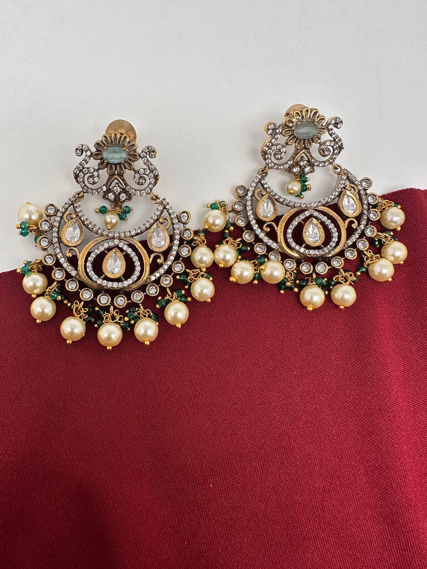 Kundan Chandbali Victorian Finish Earings - Green