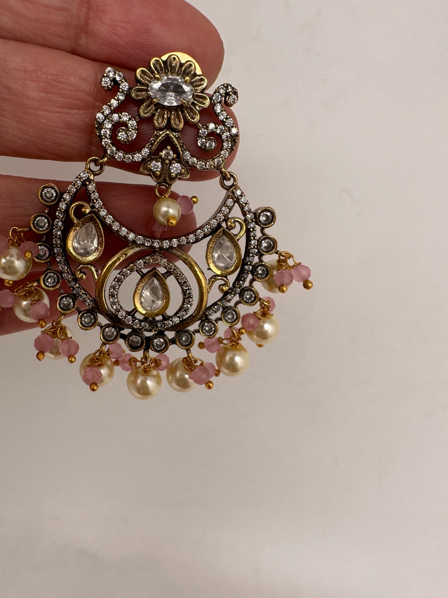 Kundan Chandbali Victorian Finish Earings - Pink