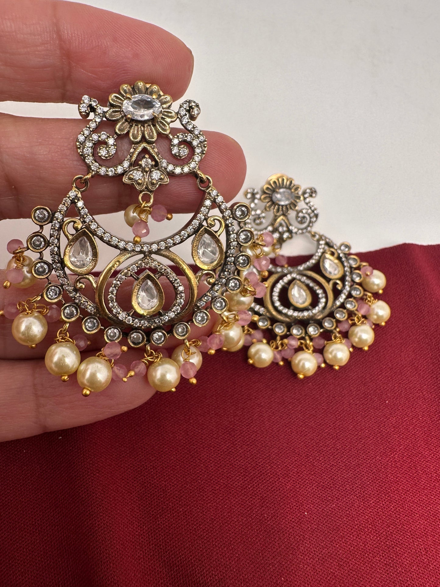 Kundan Chandbali Victorian Finish Earings - Pink