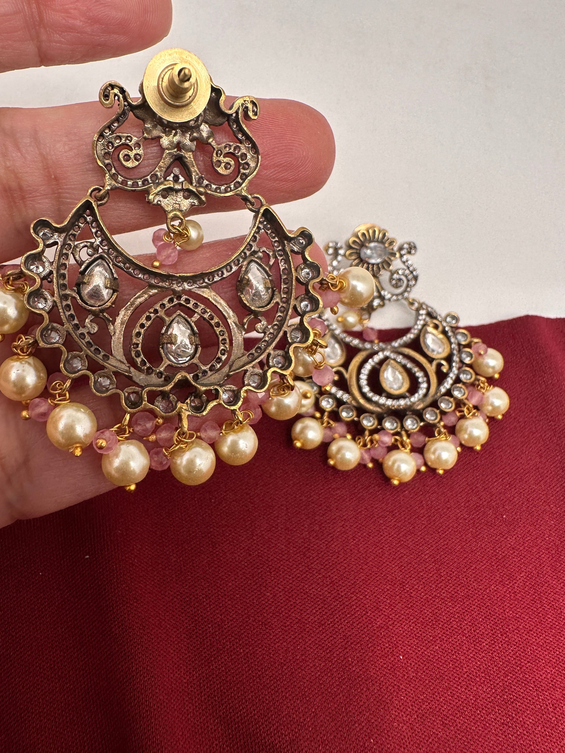 Kundan Chandbali Victorian Finish Earings - Pink