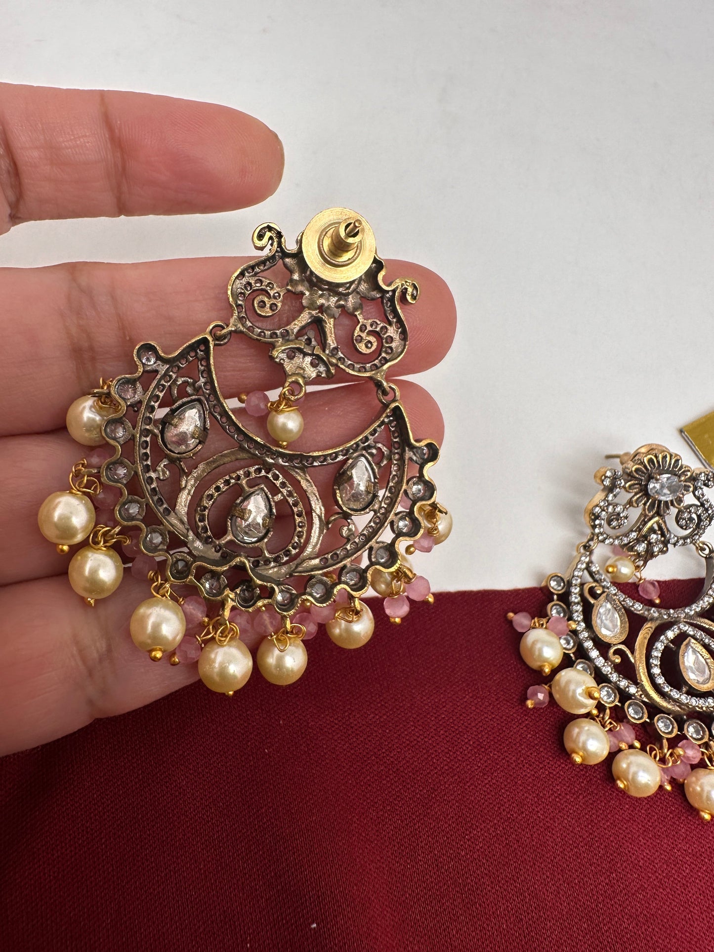 Kundan Chandbali Victorian Finish Earings - Pink