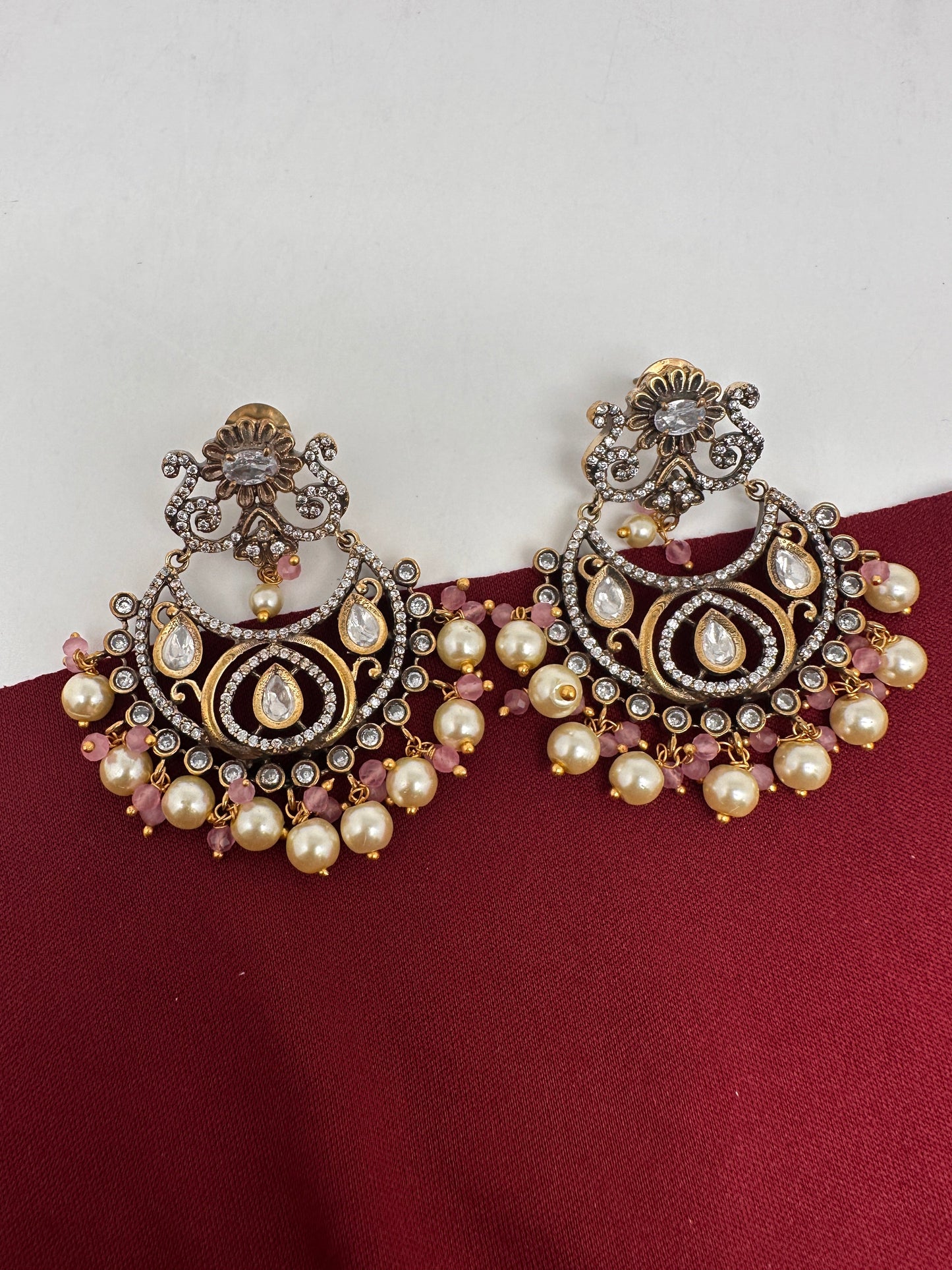 Kundan Chandbali Victorian Finish Earings - Pink