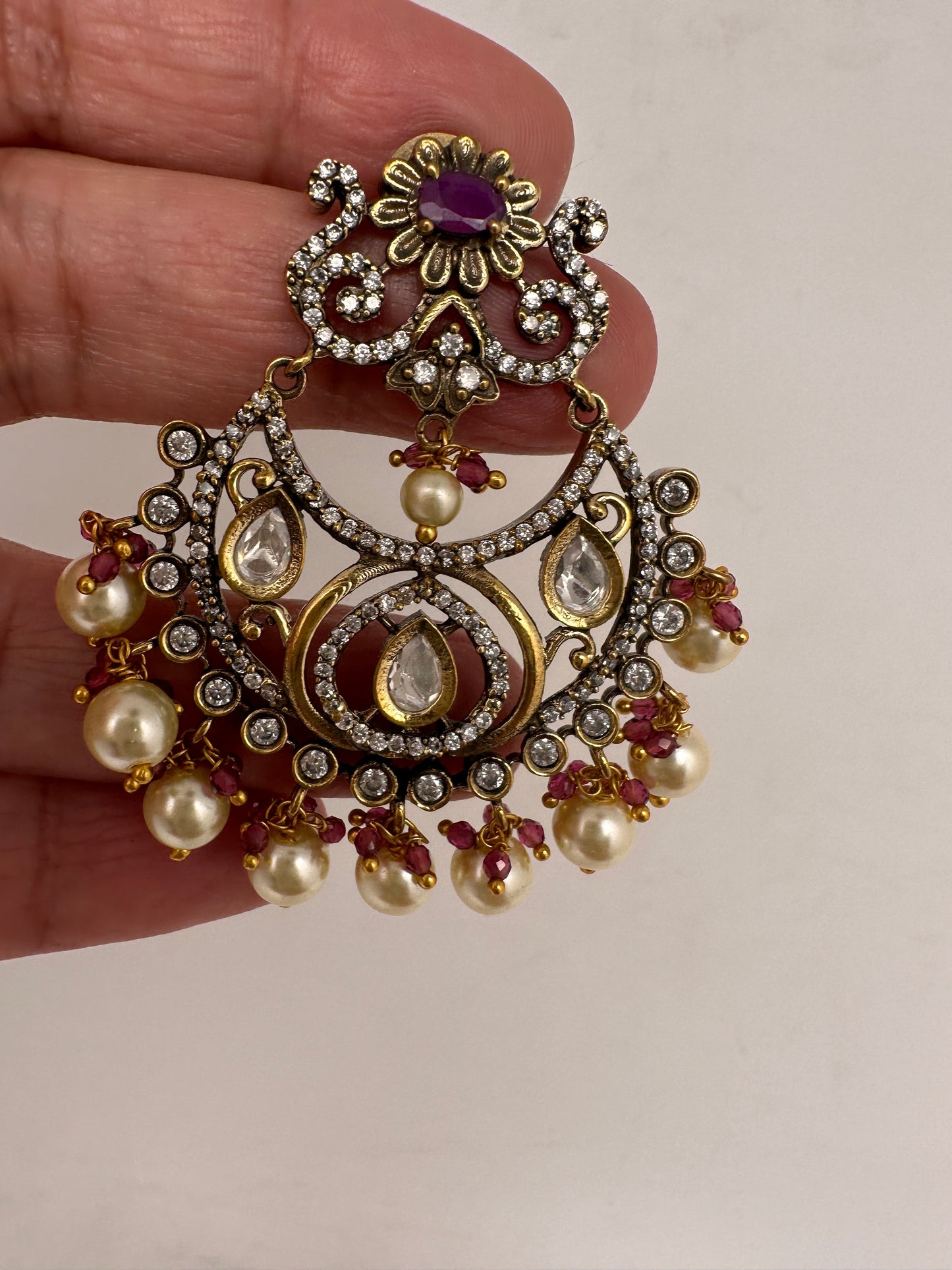 Kundan Chandbali Victorian Finish Earings - Red