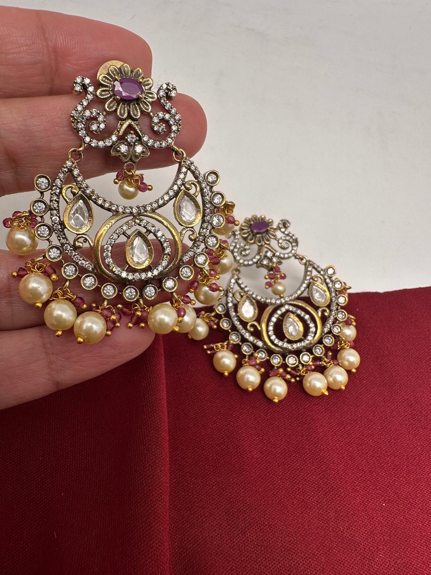 Kundan Chandbali Victorian Finish Earings - Red