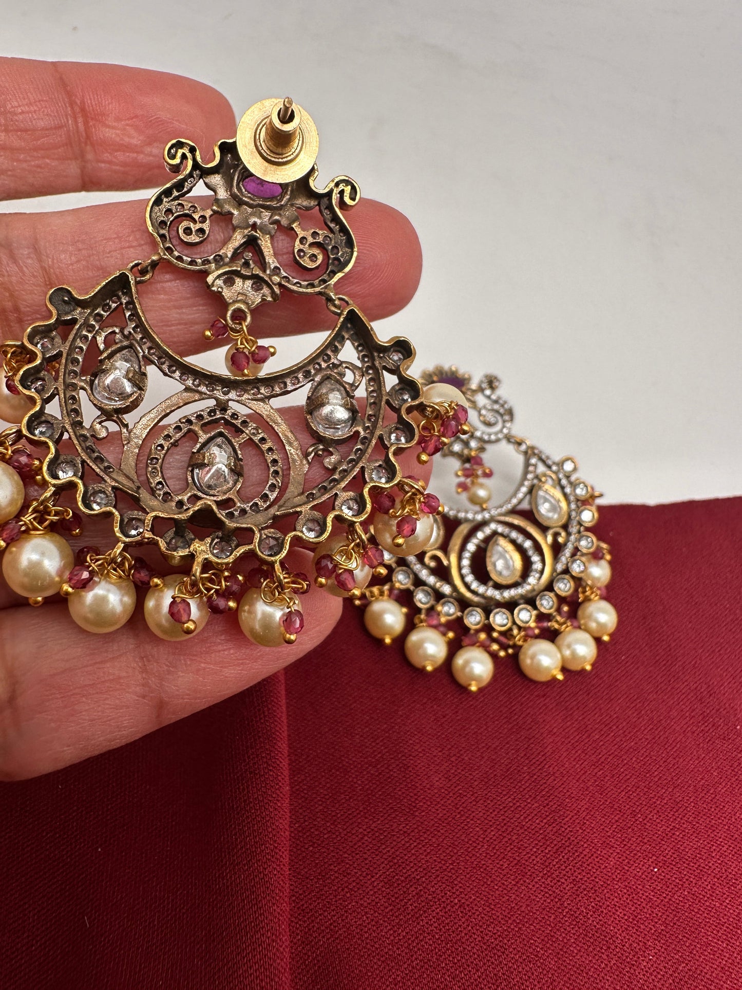 Kundan Chandbali Victorian Finish Earings - Red