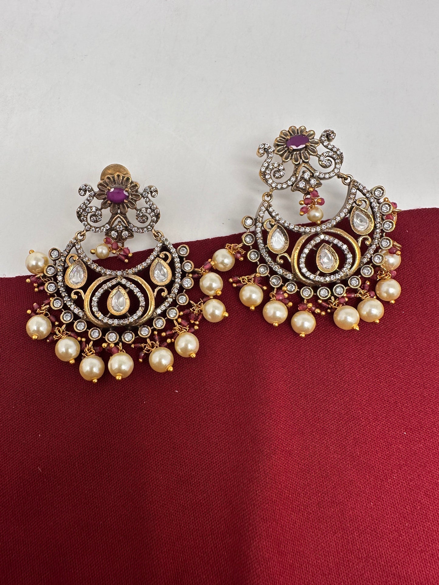 Kundan Chandbali Victorian Finish Earings - Red