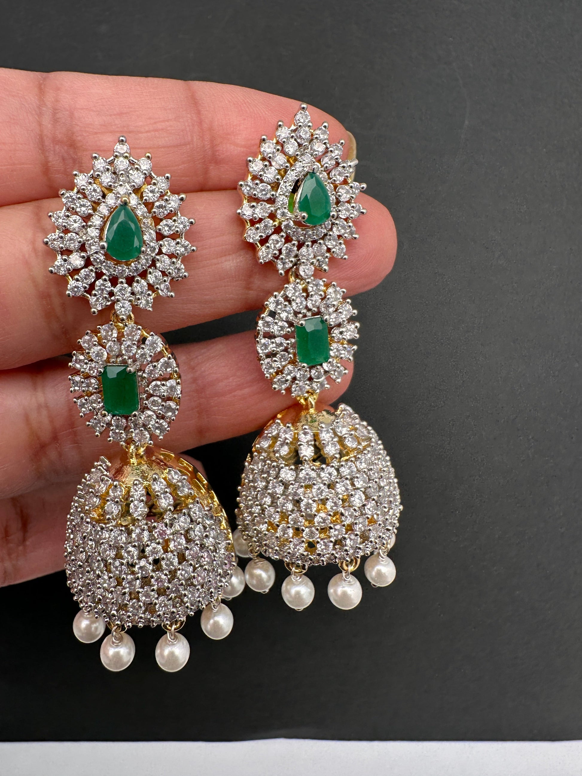 AD Color Stone Pearls Jhumki Earings - Green