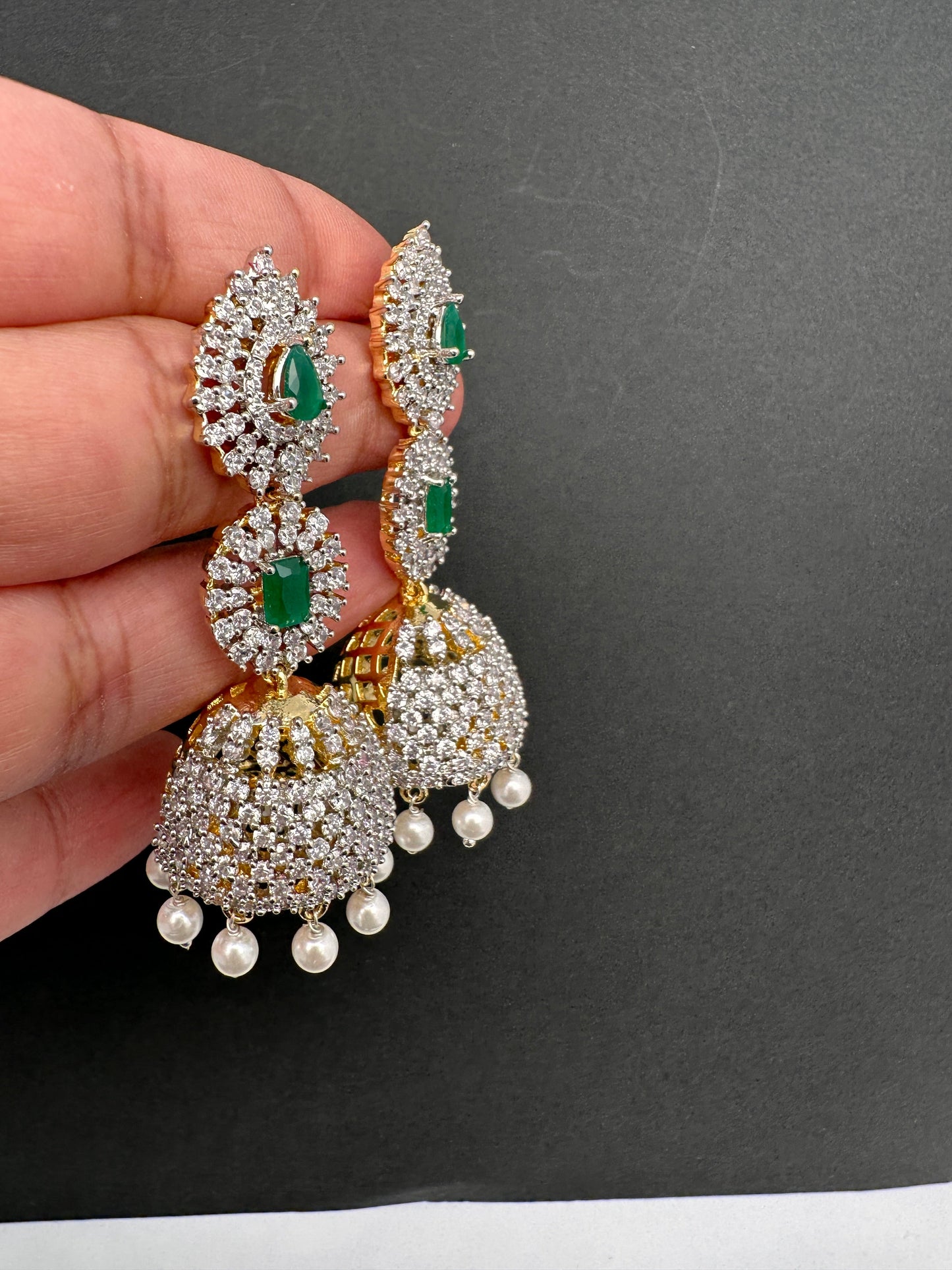 AD Color Stone Pearls Jhumki Earings - Green