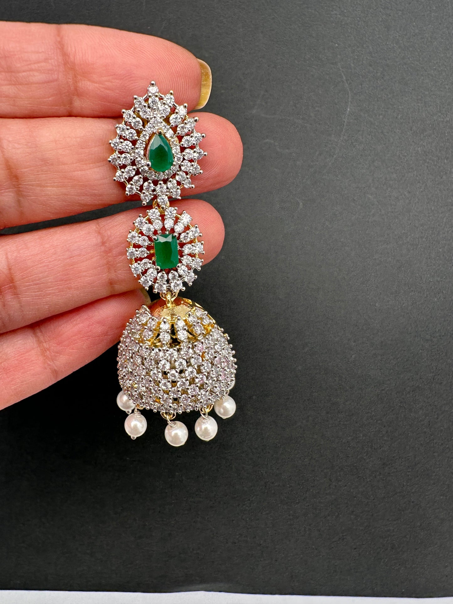 AD Color Stone Pearls Jhumki Earings - Green