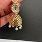 AD Color Stone Pearls Jhumki Earings - Green