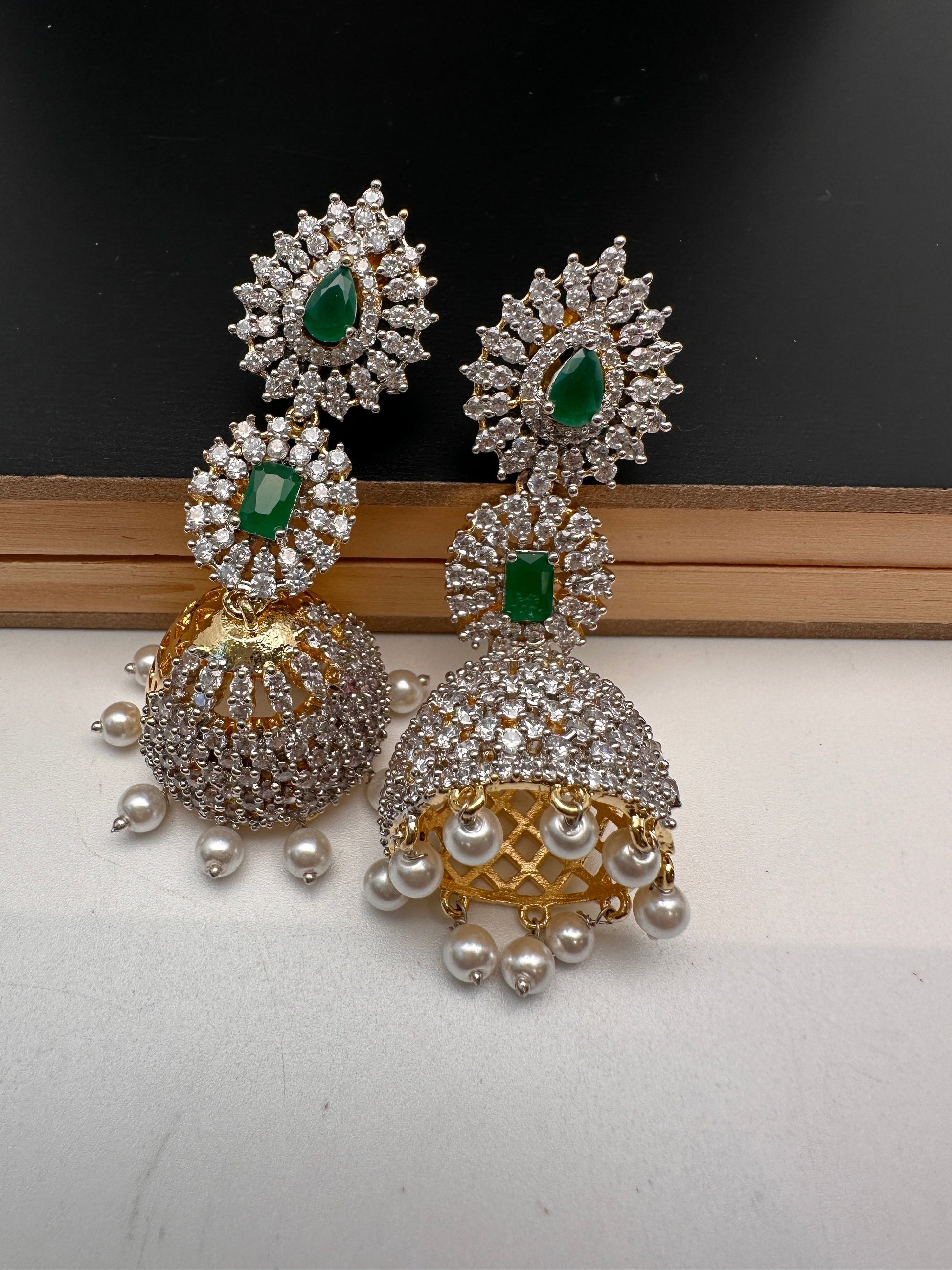 AD Color Stone Pearls Jhumki Earings - Green