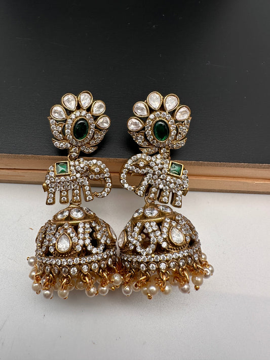 AD Green Stone Victorian Finish Jhumki Earings