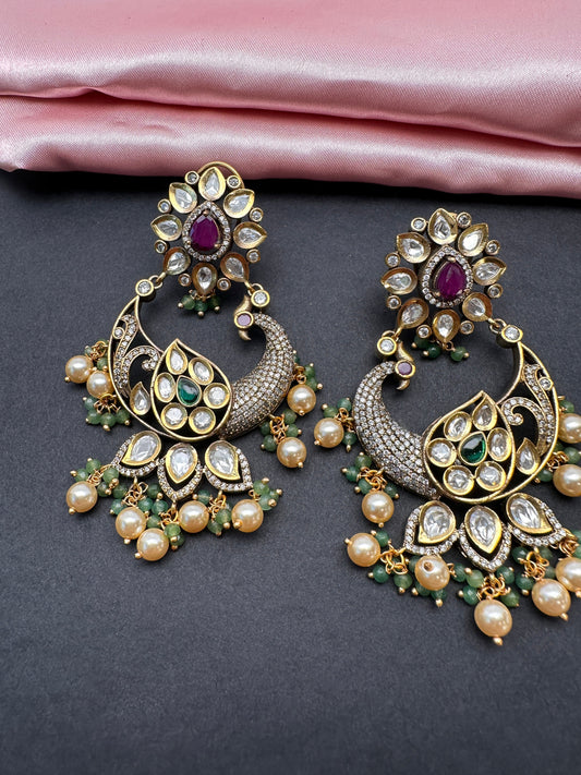 Kundan Moissanite Peacock Victorian Finish Chandbali Earrings - Red