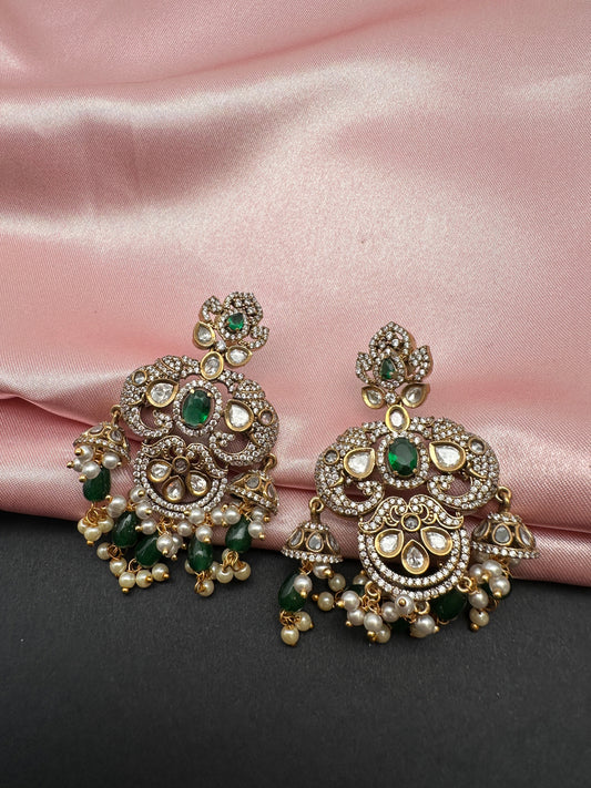 Kundan Moissanite Green Beads Victorian Finish Earings