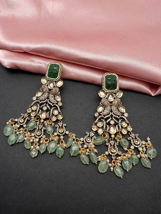 Peacock Kundan Moissanite Real Emerald Green Beads Victorian Finish Long Earings