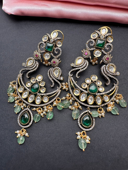 Kundan Moissanite Real Emerald Green Beads Victorian Finish Chandbali Earings