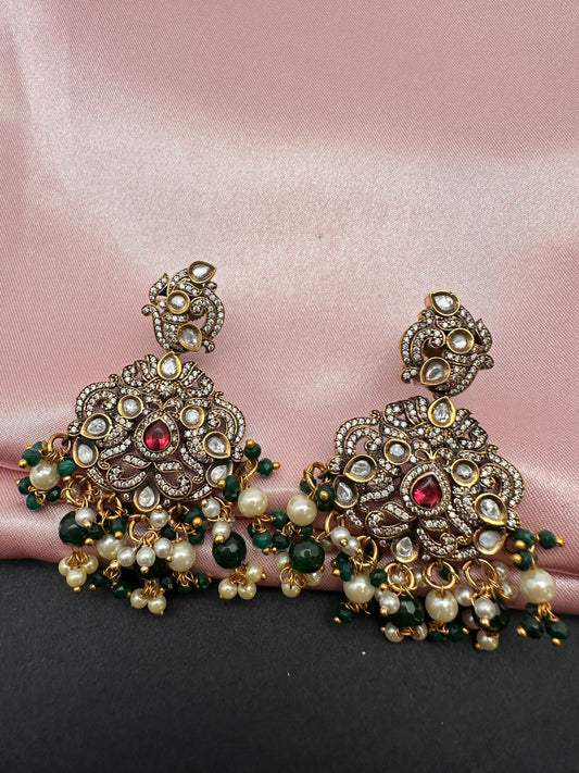 Kundan Moissanite Green Beads Victorian Finish Earings