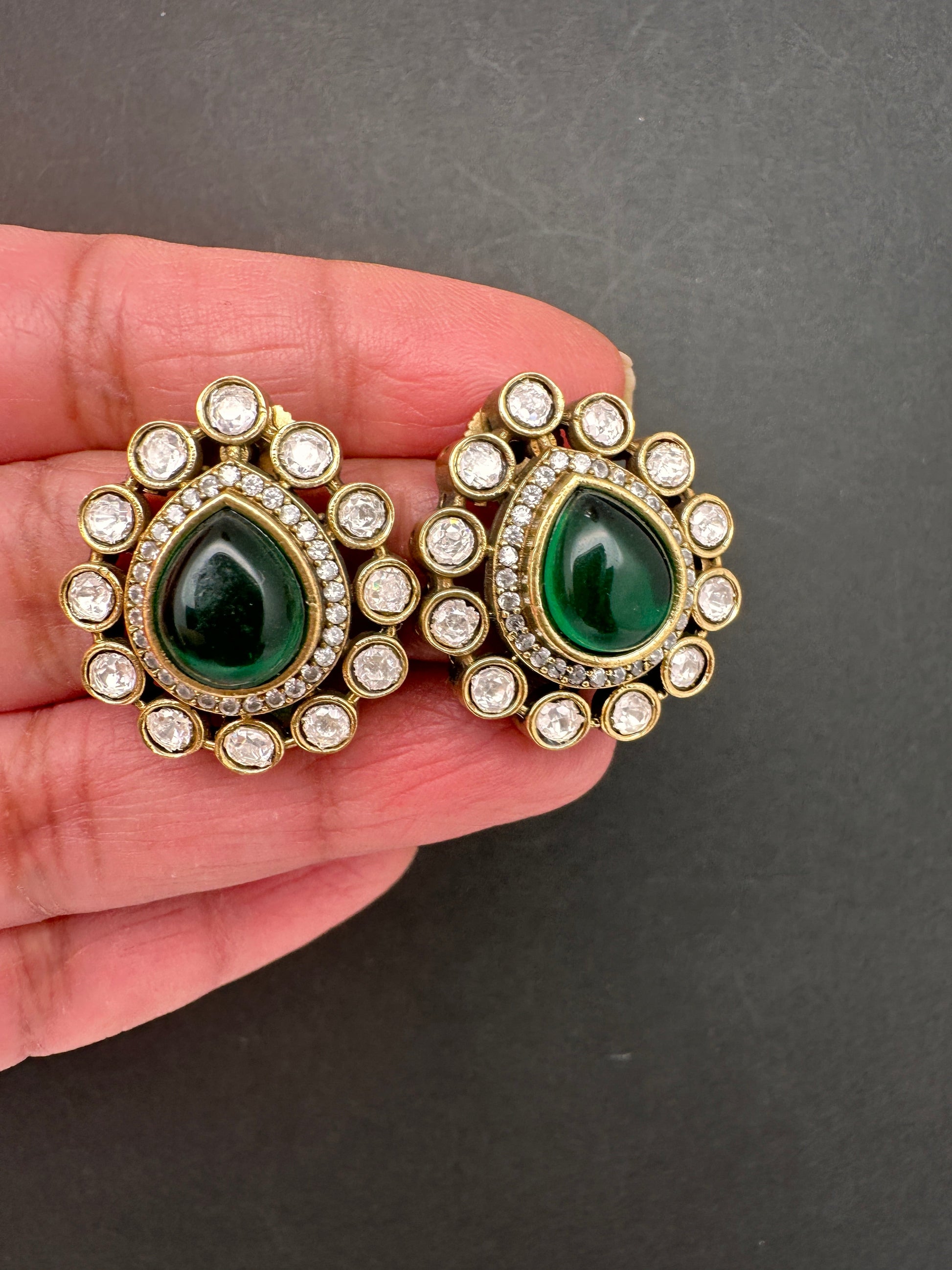 AD Color Stone Studs Earings - Green