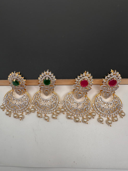 Diamond Finish Color Stone Chandballi Earings - Red